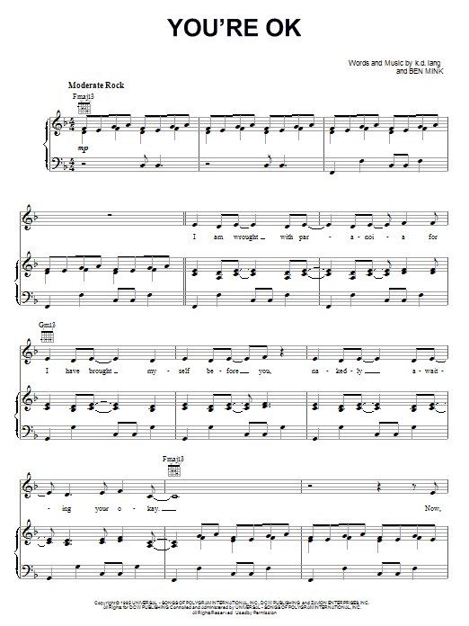 k.d. lang You're OK sheet music notes and chords. Download Printable PDF.