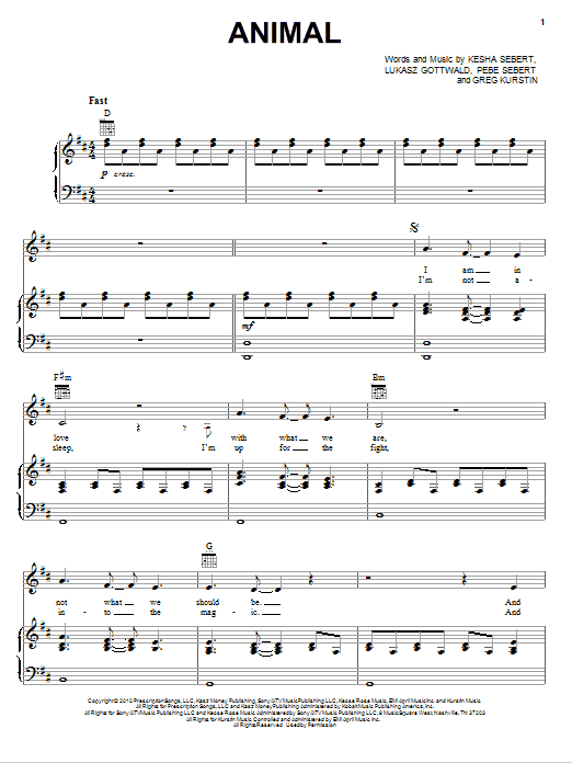 Kesha Animal sheet music notes and chords arranged for Piano, Vocal & Guitar Chords (Right-Hand Melody)