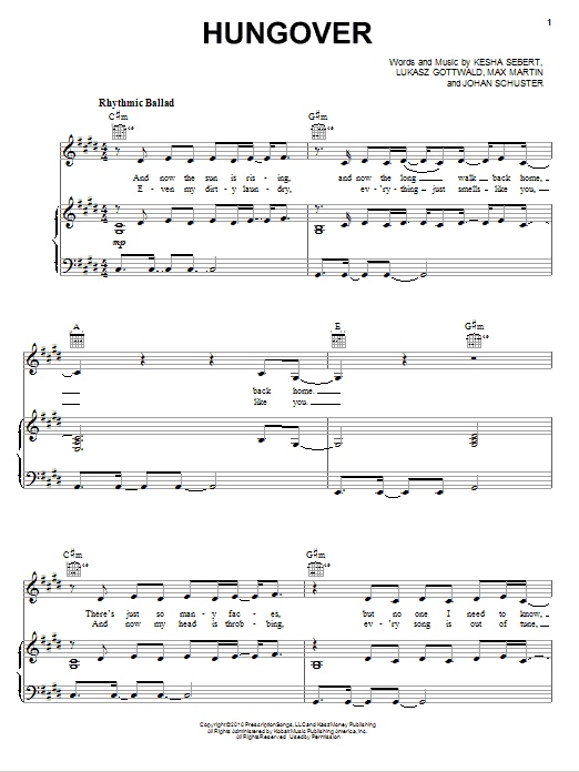 Learn to play Kesha Hungover sheet music for Piano, Vocal & Guitar Chords (Right-Hand Melody) in minutes. Price: 7.8900$ Kesha Hungover sheet music notes and chords arranged for Piano, Vocal & Guitar Chords (Right-Hand Melody)