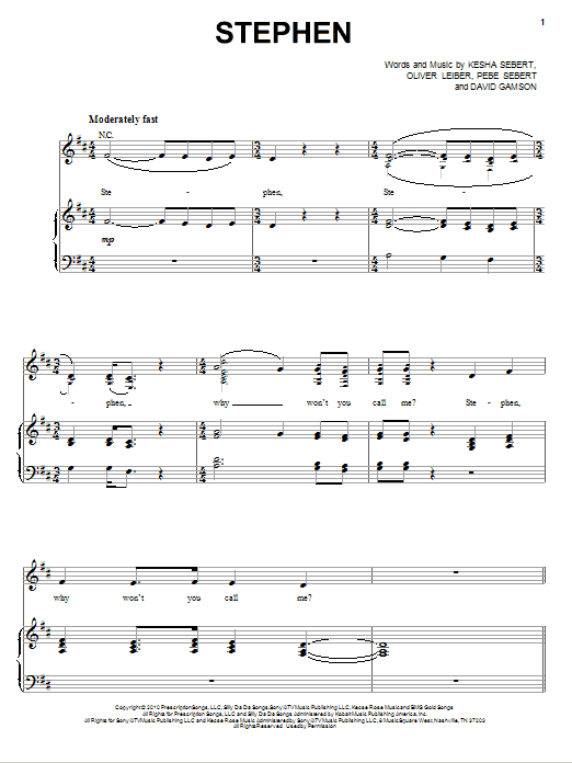 Learn to play Kesha Stephen sheet music for Piano, Vocal & Guitar Chords (Right-Hand Melody) in minutes. Price: 7.8900$ Kesha Stephen sheet music notes and chords arranged for Piano, Vocal & Guitar Chords (Right-Hand Melody)