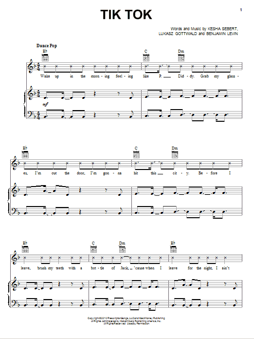 Ke$ha Tik Tok sheet music notes and chords arranged for Piano, Vocal & Guitar Chords (Right-Hand Melody)