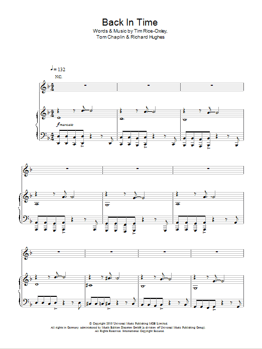 Keane Back In Time sheet music notes and chords arranged for Piano, Vocal & Guitar Chords