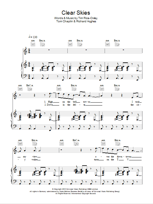 Keane Clear Skies sheet music notes and chords arranged for Piano, Vocal & Guitar Chords