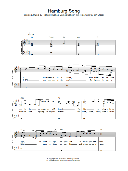 Learn to play Keane Hamburg Song sheet music for Piano, Vocal & Guitar Chords in minutes. Price: 7.8900$ Keane Hamburg Song sheet music notes and chords arranged for Piano, Vocal & Guitar Chords