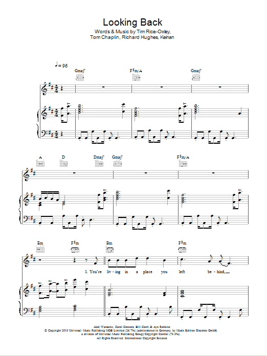 Keane Looking Back sheet music notes and chords arranged for Piano, Vocal & Guitar Chords