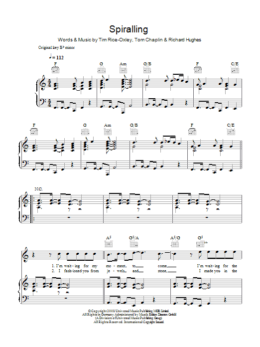 Learn to play Keane Spiralling sheet music for Piano, Vocal & Guitar Chords in minutes. Price: 7.8900$ Keane Spiralling sheet music notes and chords arranged for Piano, Vocal & Guitar Chords