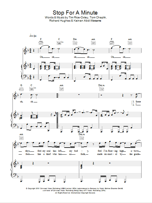 Keane Stop For A Minute sheet music notes and chords arranged for Piano, Vocal & Guitar Chords