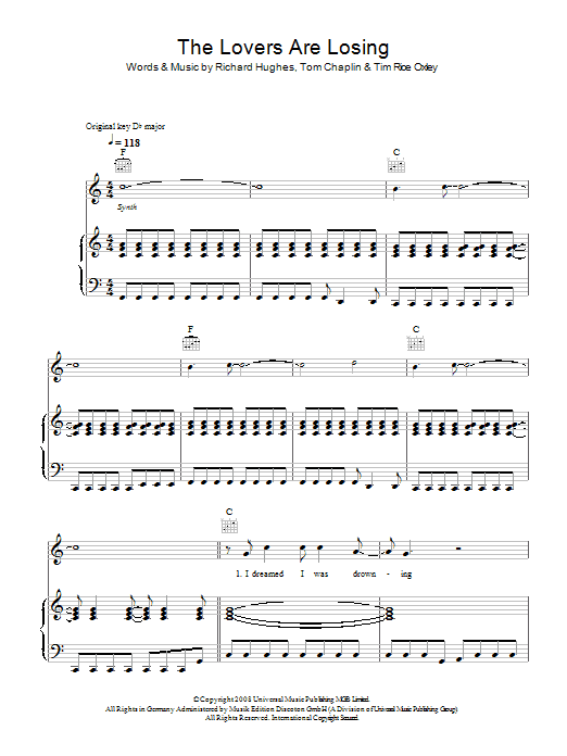 Learn to play Keane The Lovers Are Losing sheet music for Piano, Vocal & Guitar Chords in minutes. Price: 7.8900$ Keane The Lovers Are Losing sheet music notes and chords arranged for Piano, Vocal & Guitar Chords