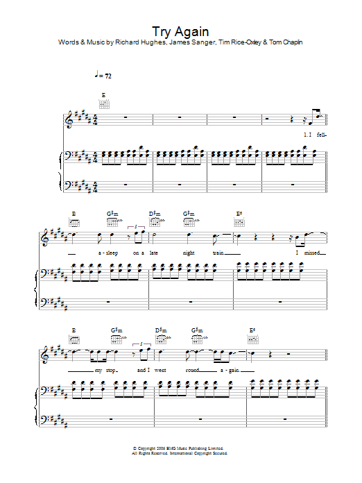 Keane Try Again sheet music notes and chords. Download Printable PDF.