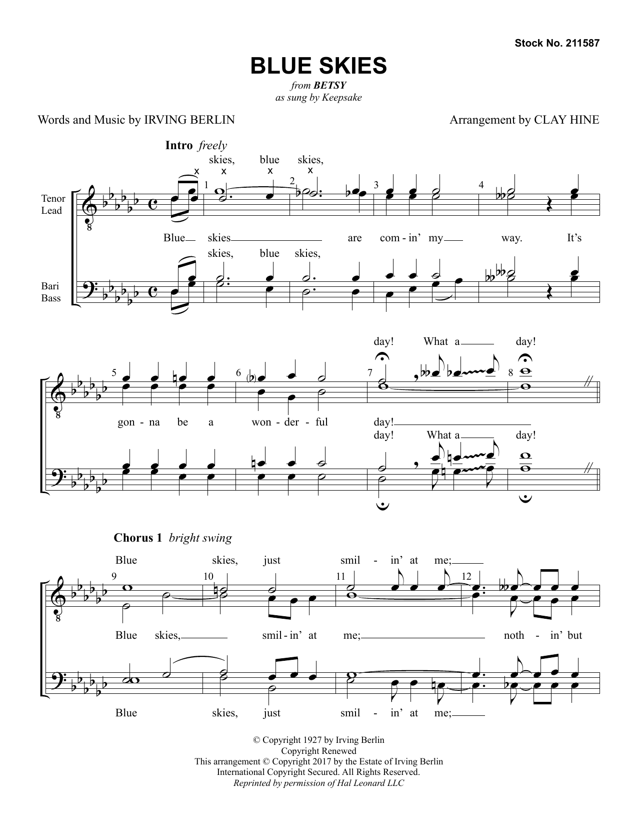 Keepsake Blue Skies (from Betsy) (arr. Clay Hine) sheet music notes and chords. Download Printable PDF.