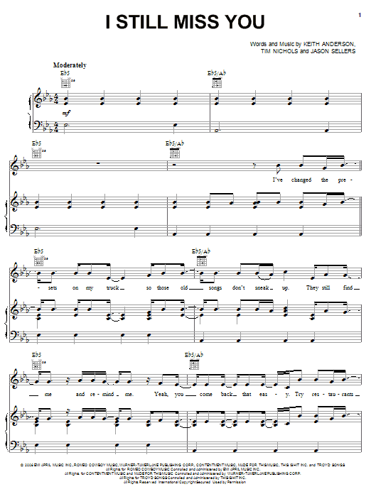 Learn to play Keith Anderson I Still Miss You sheet music for Piano, Vocal & Guitar Chords (Right-Hand Melody) in minutes. Price: 7.8900$ Keith Anderson I Still Miss You sheet music notes and chords arranged for Piano, Vocal & Guitar Chords (Right-Hand Melody)
