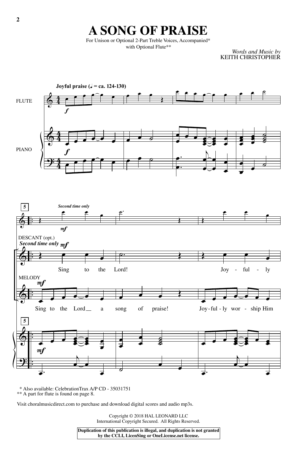 Learn to play Keith Christopher A Song Of Praise sheet music for 2-Part Choir in minutes. Price: 3.9900$ Keith Christopher A Song Of Praise sheet music notes and chords arranged for 2-Part Choir