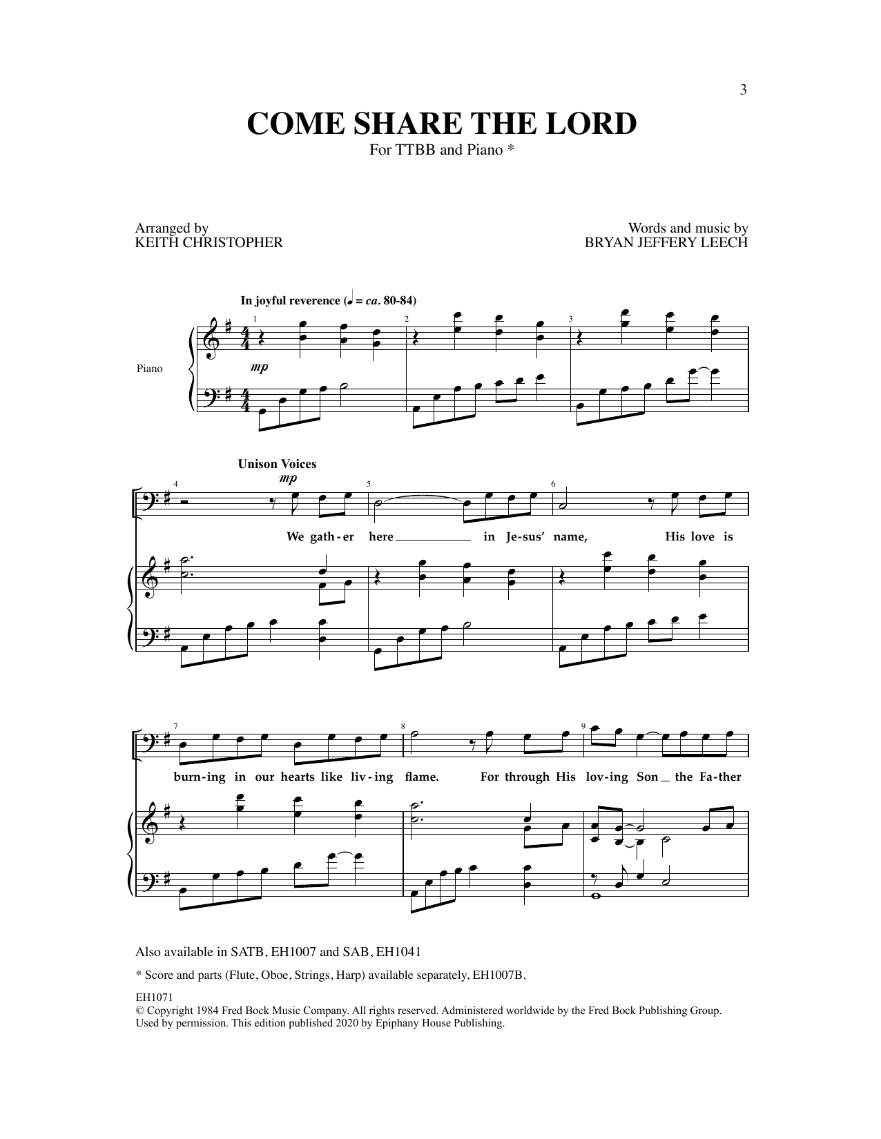 Learn to play Keith Christopher Come Share The Lord sheet music for TTBB Choir in minutes. Price: 3.9900$ Keith Christopher Come Share The Lord sheet music notes and chords arranged for TTBB Choir