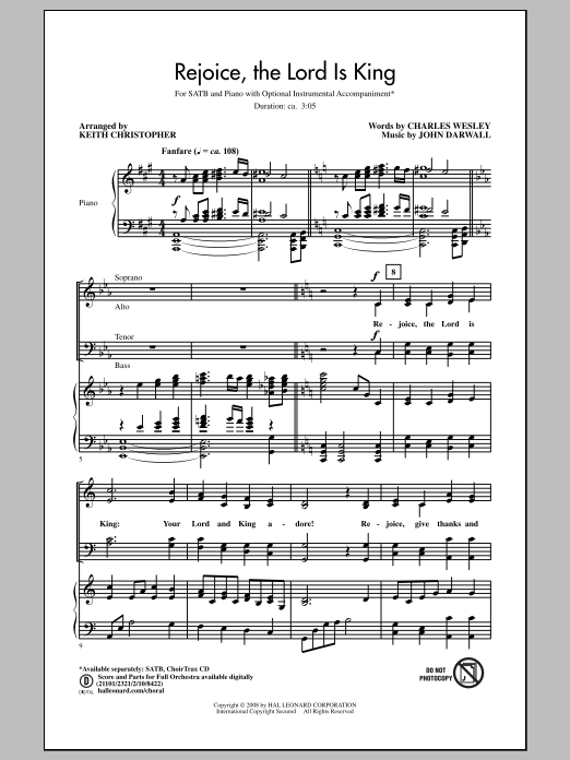 Charles Wesley Rejoice, The Lord Is King (arr. Keith Christopher) sheet music notes and chords. Download Printable PDF.