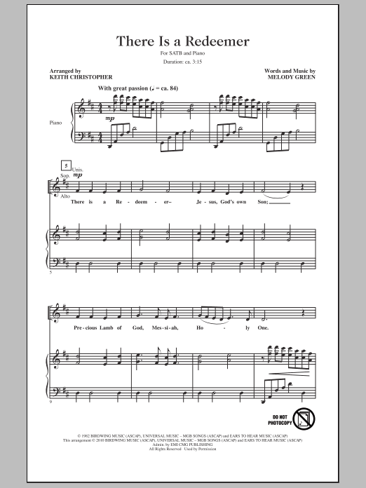 Learn to play Keith Christopher There Is A Redeemer sheet music for SATB Choir in minutes. Price: 3.9900$ Keith Christopher There Is A Redeemer sheet music notes and chords arranged for SATB Choir