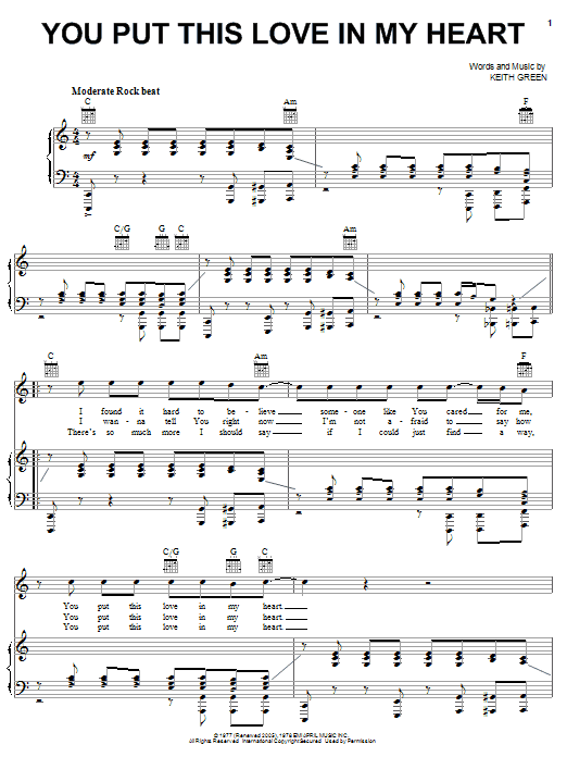 Learn to play Keith Green You Put This Love In My Heart sheet music for Piano, Vocal & Guitar Chords (Right-Hand Melody) in minutes. Price: 7.8900$ Keith Green You Put This Love In My Heart sheet music notes and chords arranged for Piano, Vocal & Guitar Chords (Right-Hand Melody)