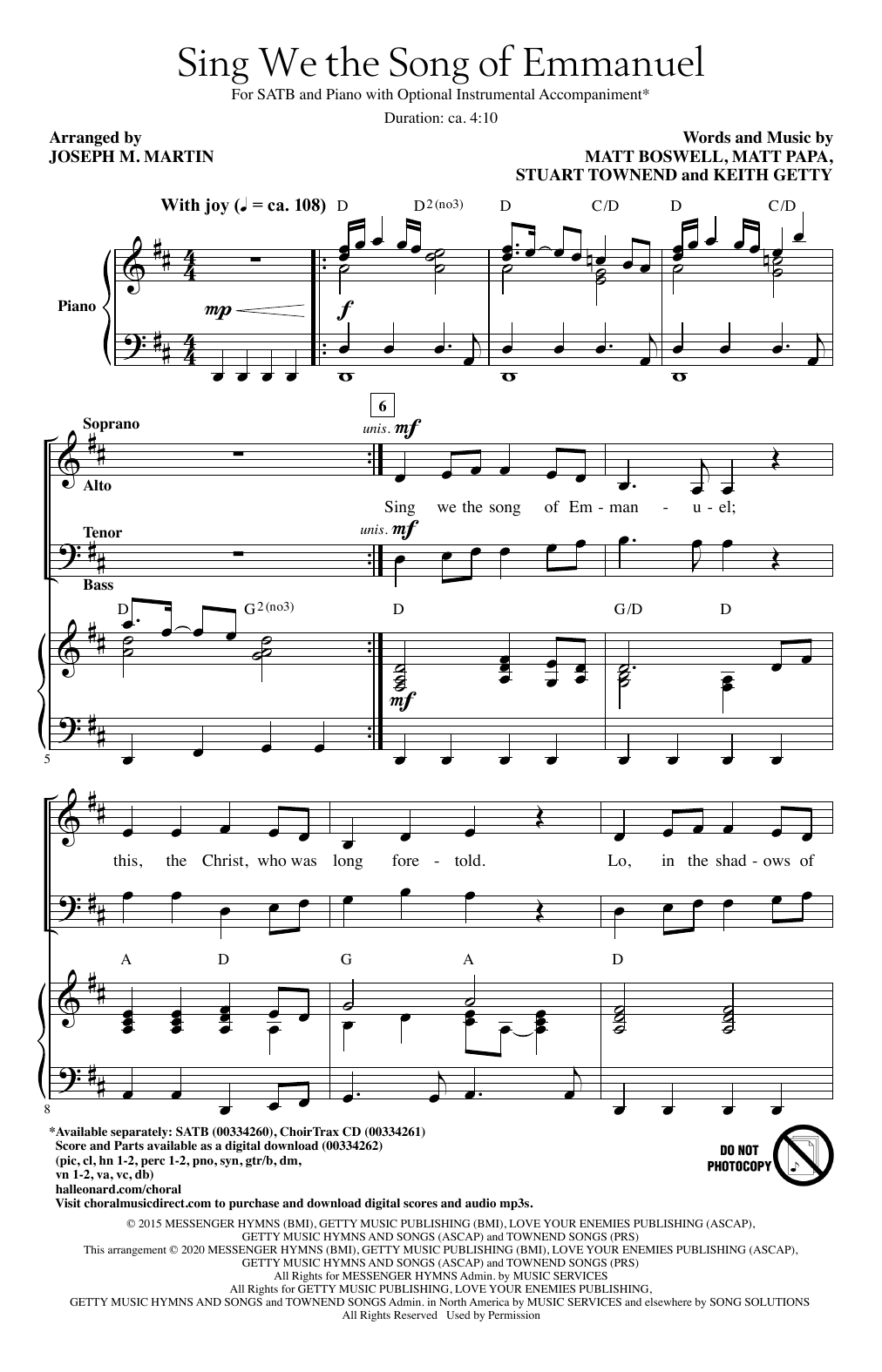 Keith & Kristyn Getty, Matt Boswell and Matt Papa Sing We The Song Of Emmanuel (arr. Joseph M. Martin) sheet music notes and chords. Download Printable PDF.