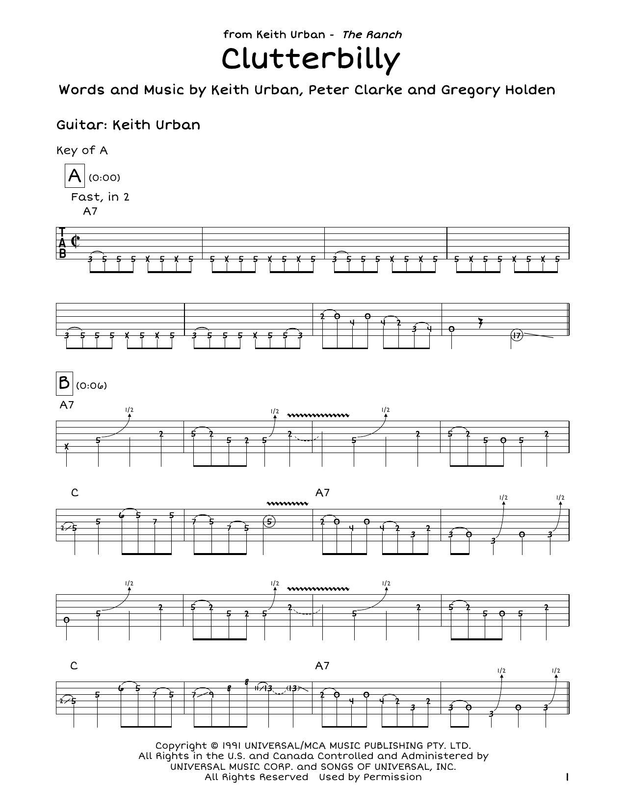 Keith Urban Clutterbilly sheet music notes and chords. Download Printable PDF.