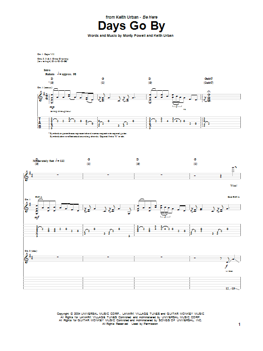 Keith Urban Days Go By sheet music notes and chords. Download Printable PDF.