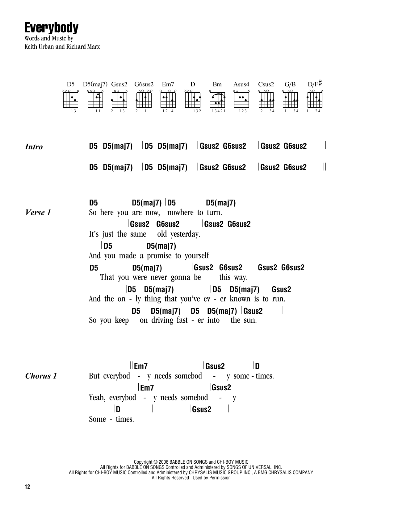 Keith Urban Everybody sheet music notes and chords. Download Printable PDF.