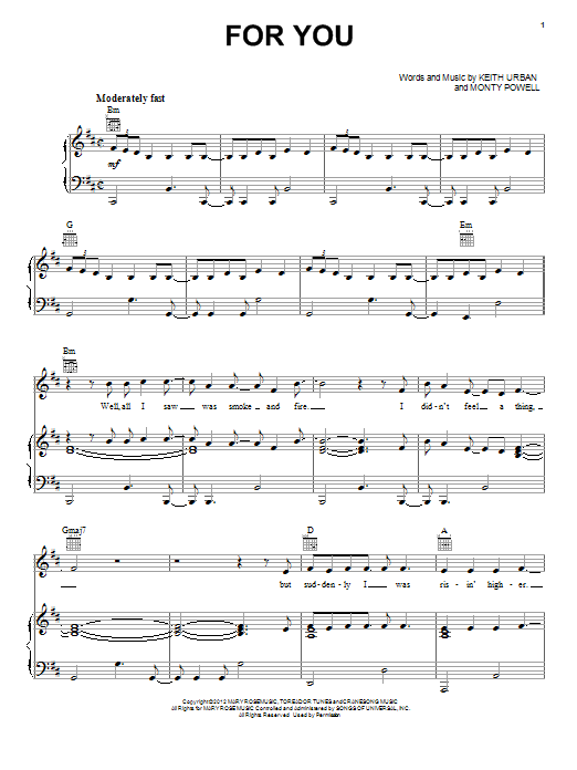 Learn to play Keith Urban For You sheet music for Piano, Vocal & Guitar Chords (Right-Hand Melody) in minutes. Price: 7.8900$ Keith Urban For You sheet music notes and chords arranged for Piano, Vocal & Guitar Chords (Right-Hand Melody)