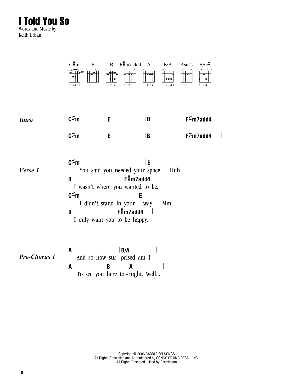 Keith Urban I Told You So sheet music notes and chords. Download Printable PDF.