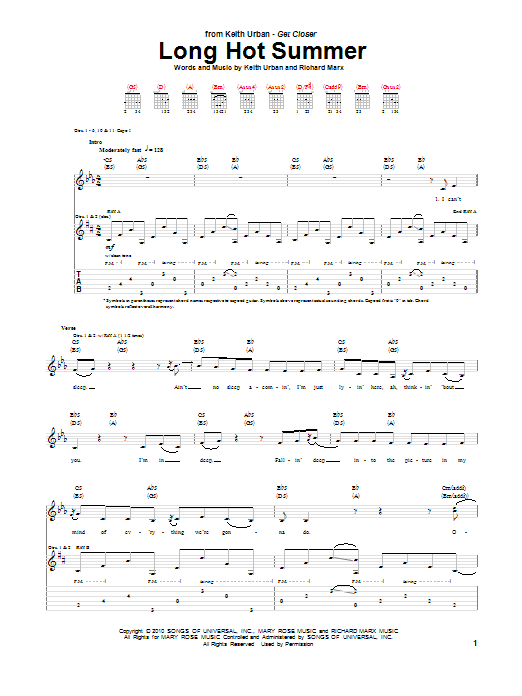 Keith Urban Long Hot Summer sheet music notes and chords. Download Printable PDF.