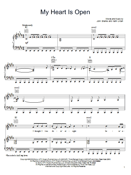 Learn to play Keith Urban My Heart Is Open sheet music for Piano, Vocal & Guitar Chords (Right-Hand Melody) in minutes. Price: 7.8900$ Keith Urban My Heart Is Open sheet music notes and chords arranged for Piano, Vocal & Guitar Chords (Right-Hand Melody)