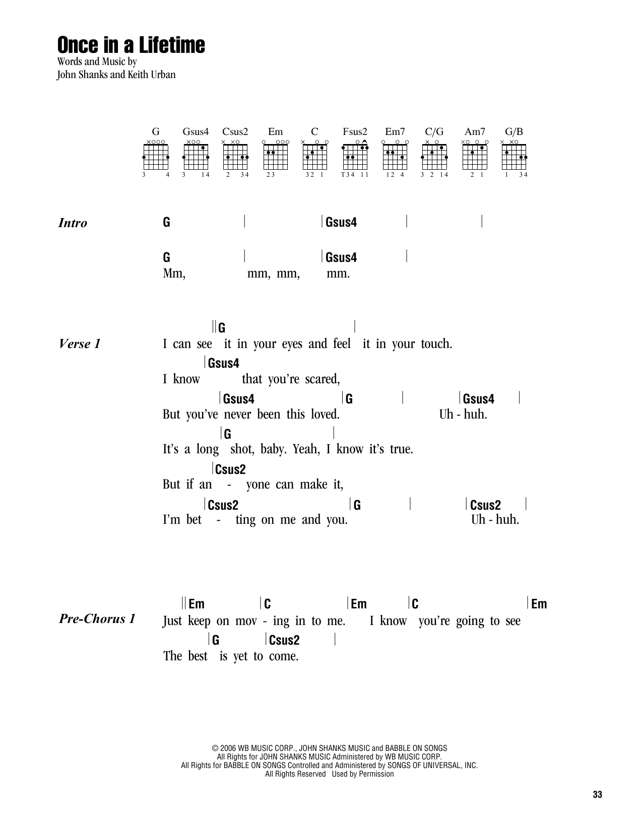 Keith Urban Once In A Lifetime sheet music notes and chords. Download Printable PDF.