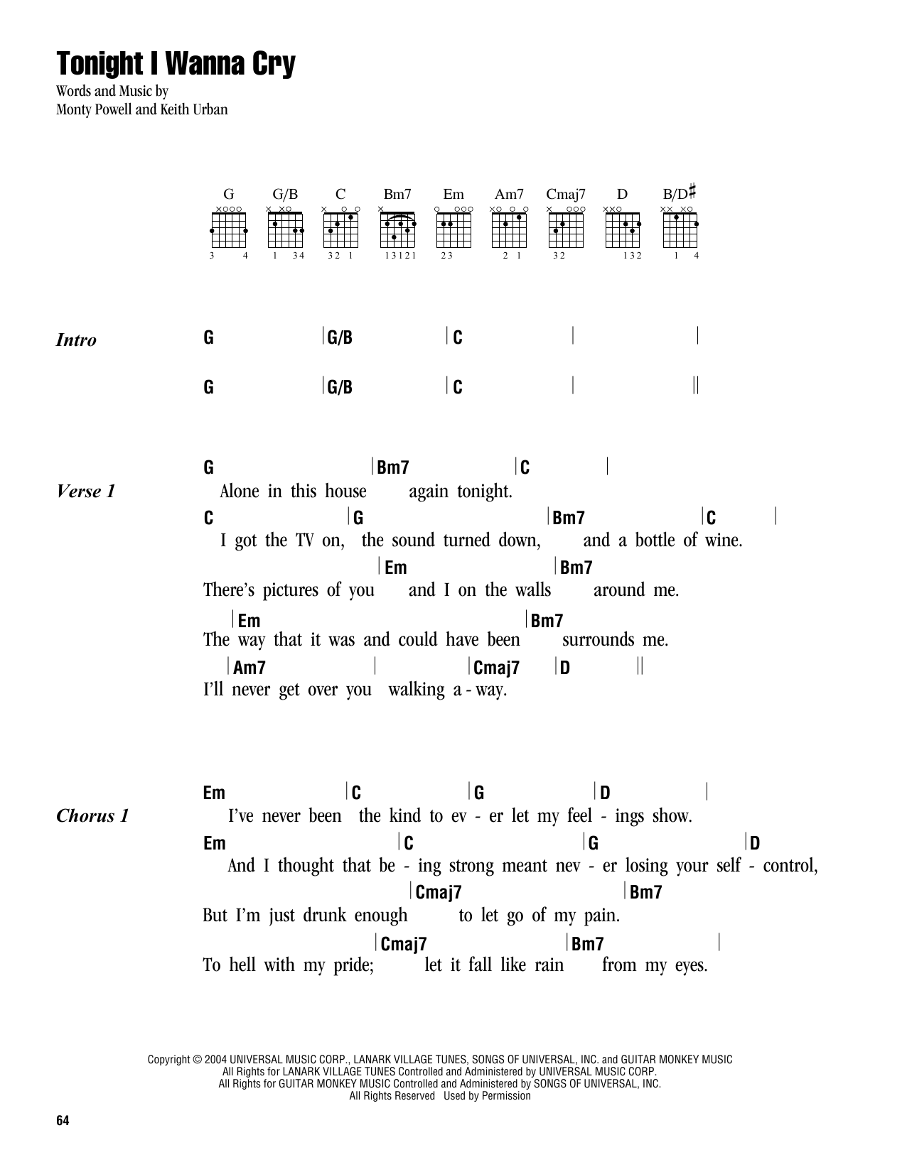 Keith Urban Tonight I Wanna Cry sheet music notes and chords. Download Printable PDF.