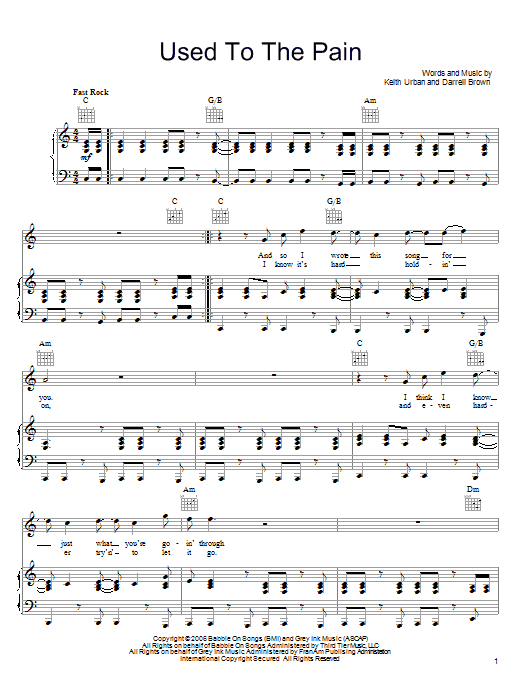 Keith Urban Used To The Pain sheet music notes and chords arranged for Piano, Vocal & Guitar Chords (Right-Hand Melody)