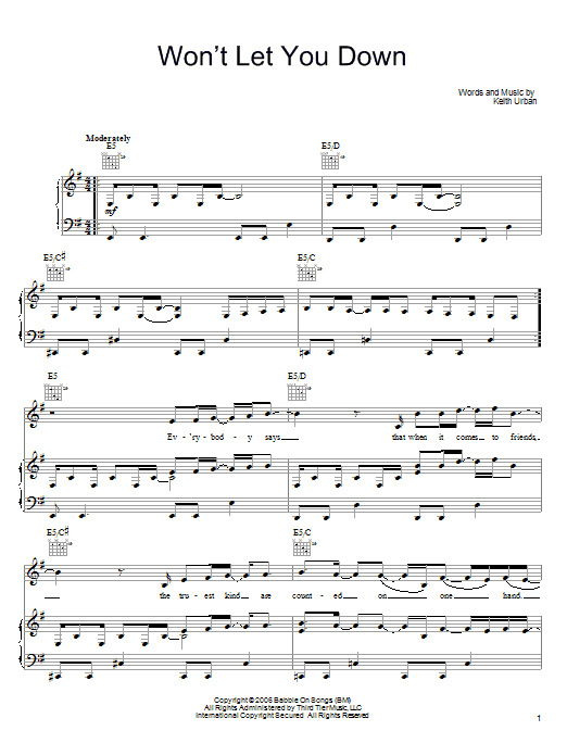 Learn to play Keith Urban Won't Let You Down sheet music for Piano, Vocal & Guitar Chords (Right-Hand Melody) in minutes. Price: 7.8900$ Keith Urban Won't Let You Down sheet music notes and chords arranged for Piano, Vocal & Guitar Chords (Right-Hand Melody)