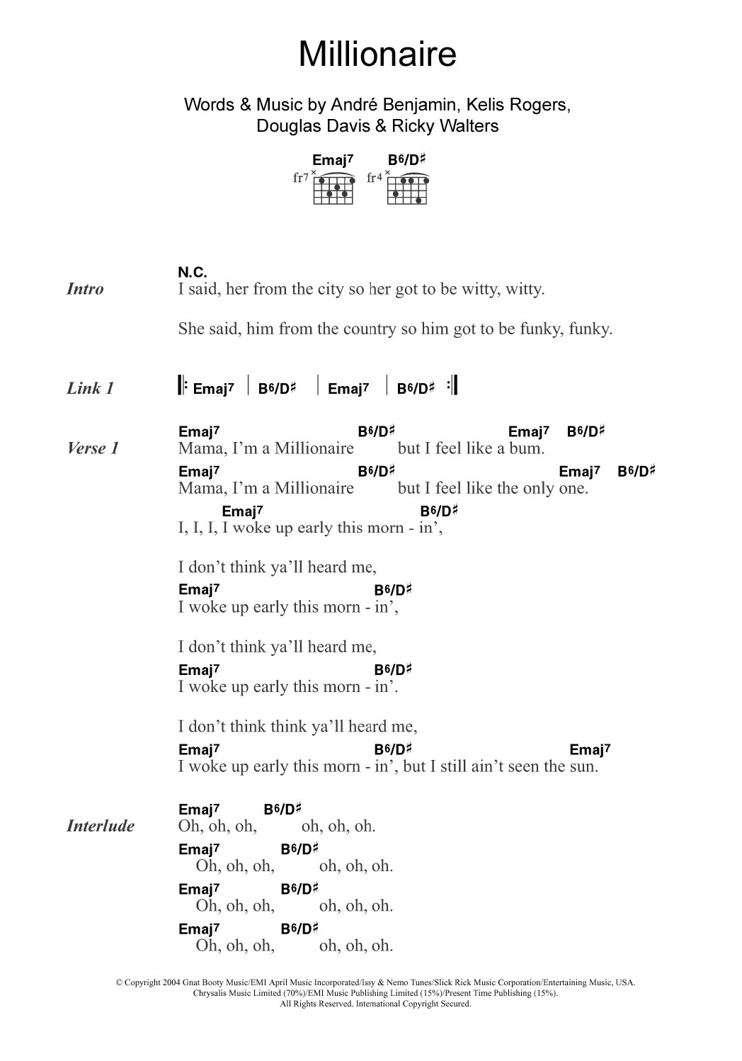 Kelis Millionaire (featuring Andre 3000) sheet music notes and chords. Download Printable PDF.