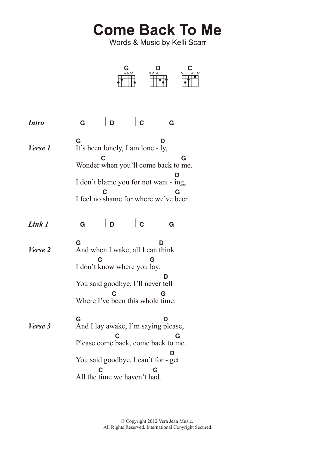 Kelli Scarr Come Back To Me sheet music notes and chords. Download Printable PDF.