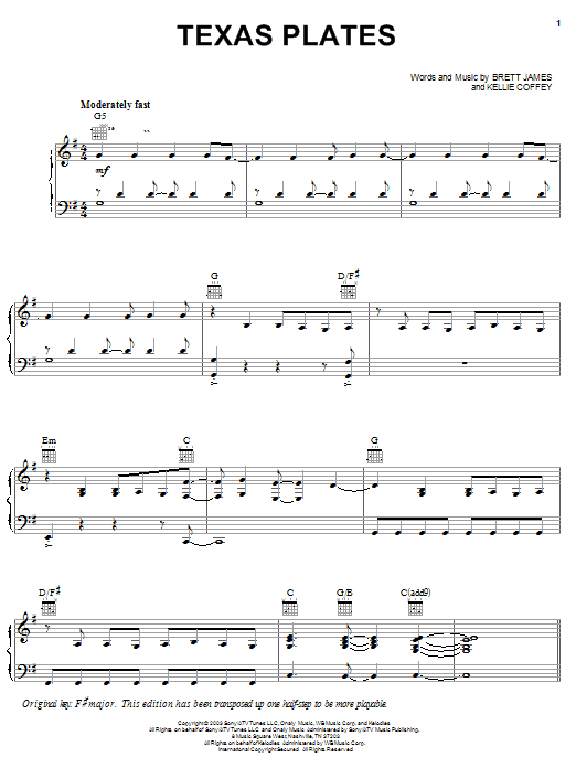 Kellie Coffey Texas Plates sheet music notes and chords arranged for Piano, Vocal & Guitar Chords (Right-Hand Melody)