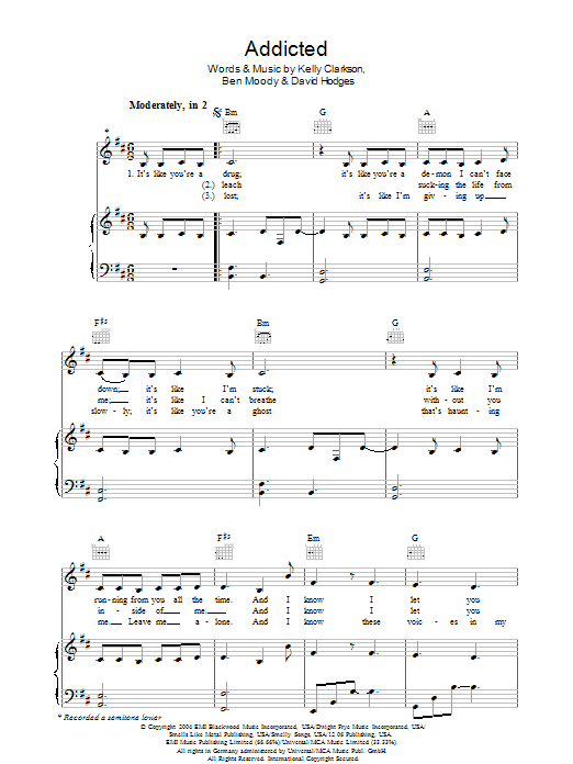 Learn to play Kelly Clarkson Addicted sheet music for Piano, Vocal & Guitar Chords (Right-Hand Melody) in minutes. Price: 7.8900$ Kelly Clarkson Addicted sheet music notes and chords arranged for Piano, Vocal & Guitar Chords (Right-Hand Melody)