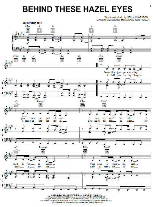 Kelly Clarkson Behind These Hazel Eyes sheet music notes and chords. Download Printable PDF.