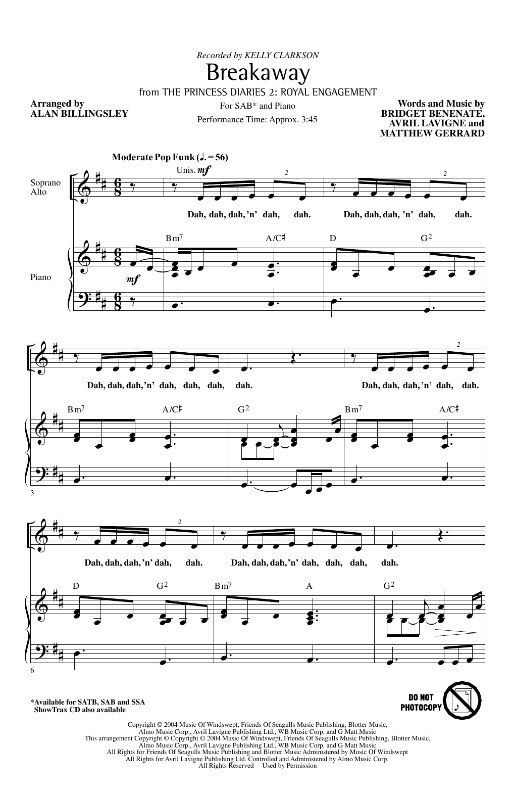 Kelly Clarkson Breakaway (arr. Alan Billingsley) sheet music notes and chords. Download Printable PDF.