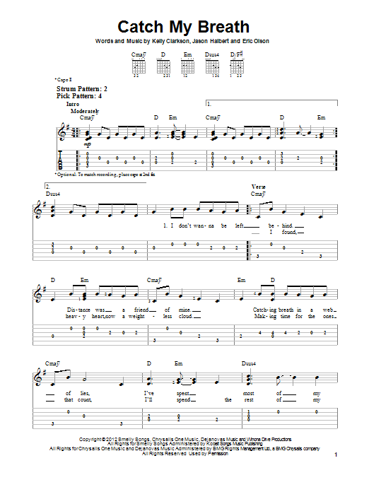 Kelly Clarkson Catch My Breath sheet music notes and chords. Download Printable PDF.