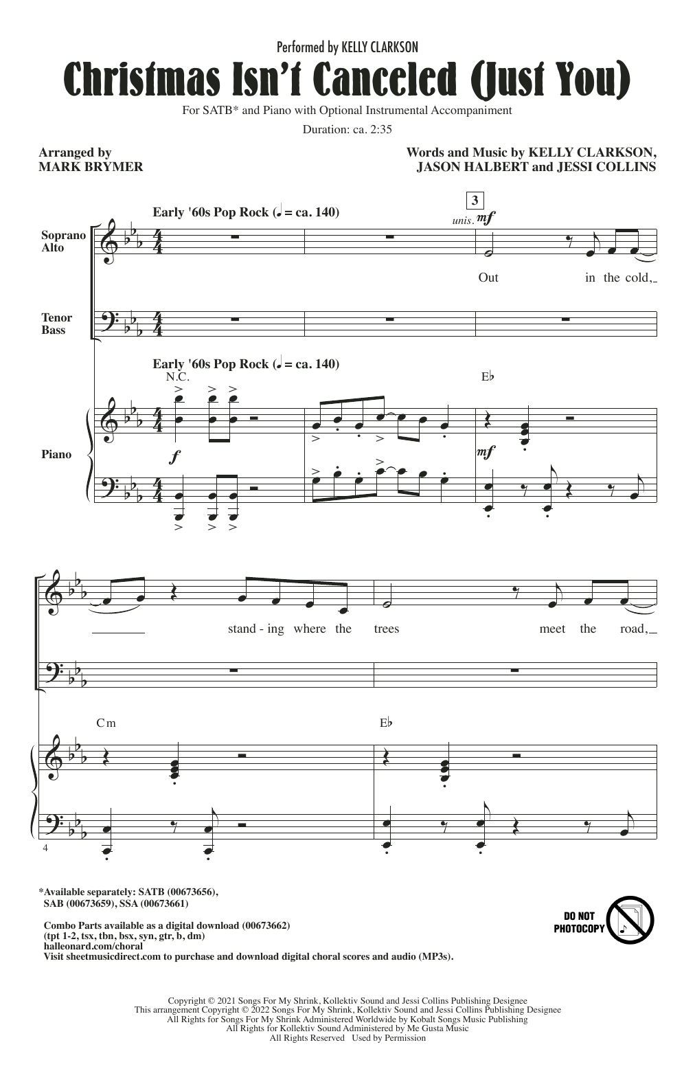 Kelly Clarkson Christmas Isn't Canceled (Just You) (arr. Mark Brymer) sheet music notes and chords. Download Printable PDF.