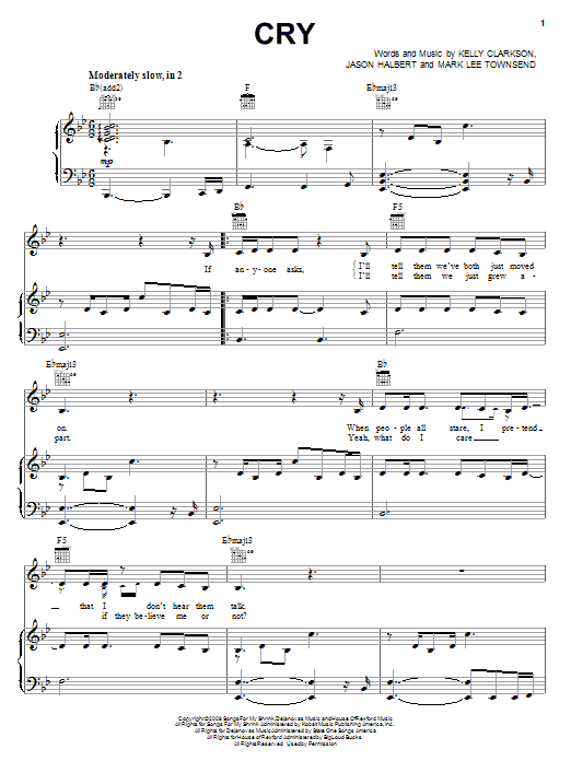 Kelly Clarkson Cry sheet music notes and chords. Download Printable PDF.