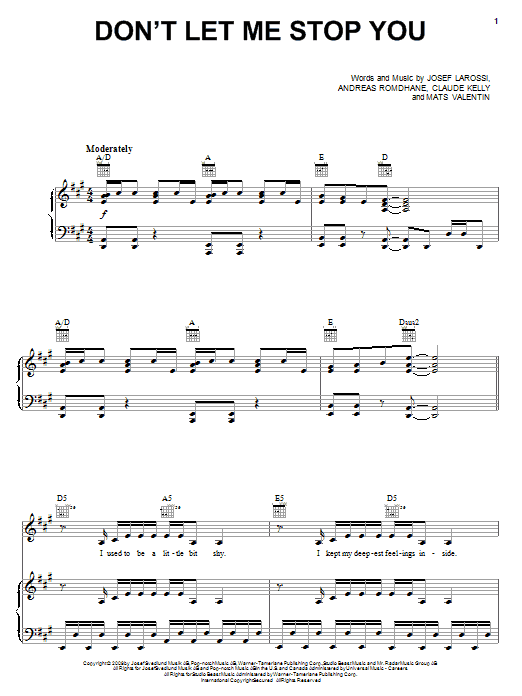 Learn to play Kelly Clarkson Don't Let Me Stop You sheet music for Piano, Vocal & Guitar Chords (Right-Hand Melody) in minutes. Price: 7.8900$ Kelly Clarkson Don't Let Me Stop You sheet music notes and chords arranged for Piano, Vocal & Guitar Chords (Right-Hand Melody)