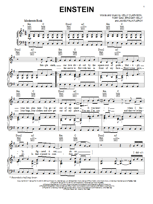 Learn to play Kelly Clarkson Einstein sheet music for Piano, Vocal & Guitar Chords (Right-Hand Melody) in minutes. Price: 7.8900$ Kelly Clarkson Einstein sheet music notes and chords arranged for Piano, Vocal & Guitar Chords (Right-Hand Melody)