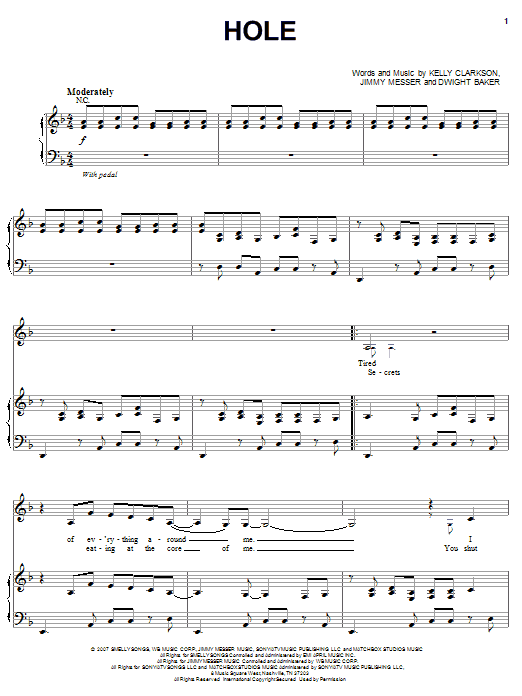 Learn to play Kelly Clarkson Hole sheet music for Piano, Vocal & Guitar Chords (Right-Hand Melody) in minutes. Price: 7.8900$ Kelly Clarkson Hole sheet music notes and chords arranged for Piano, Vocal & Guitar Chords (Right-Hand Melody)