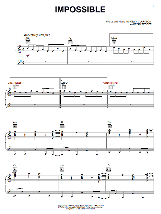 Learn to play Kelly Clarkson Impossible sheet music for Piano, Vocal & Guitar Chords (Right-Hand Melody) in minutes. Price: 7.8900$ Kelly Clarkson Impossible sheet music notes and chords arranged for Piano, Vocal & Guitar Chords (Right-Hand Melody)