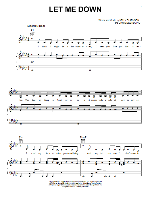 Learn to play Kelly Clarkson Let Me Down sheet music for Piano, Vocal & Guitar Chords (Right-Hand Melody) in minutes. Price: 7.8900$ Kelly Clarkson Let Me Down sheet music notes and chords arranged for Piano, Vocal & Guitar Chords (Right-Hand Melody)
