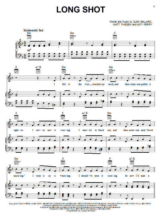 Kelly Clarkson Long Shot sheet music notes and chords arranged for Piano, Vocal & Guitar Chords (Right-Hand Melody)