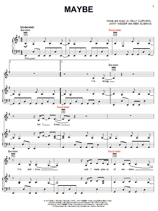 Learn to play Kelly Clarkson Maybe sheet music for Piano, Vocal & Guitar Chords (Right-Hand Melody) in minutes. Price: 7.8900$ Kelly Clarkson Maybe sheet music notes and chords arranged for Piano, Vocal & Guitar Chords (Right-Hand Melody)