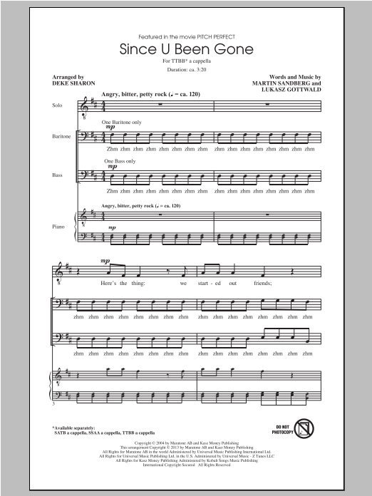 Kelly Clarkson Since U Been Gone (as performed in Pitch Perfect) (arr. Deke Sharon) sheet music notes and chords. Download Printable PDF.