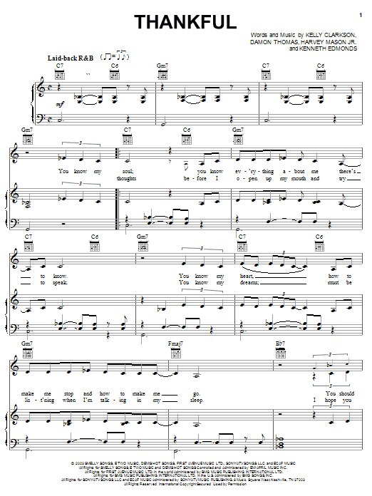 Kelly Clarkson Thankful sheet music notes and chords arranged for Piano, Vocal & Guitar Chords (Right-Hand Melody)